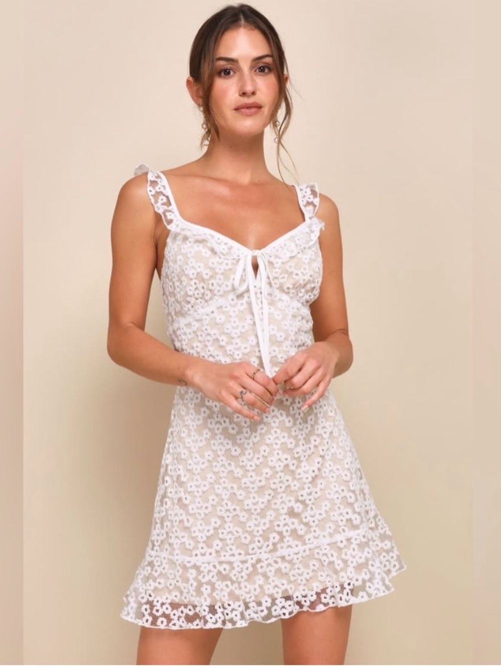 Lulus Charmaine White‎ Embroidered Mini Dress Coquette Milkmaid Y2K Babydoll M